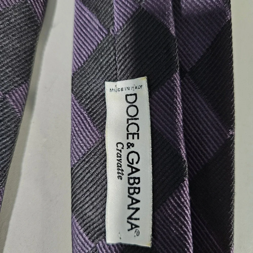 Dolce & Gabbana Tie Mens OS Purple Black Checkered Silk Made in Italy DG Logo